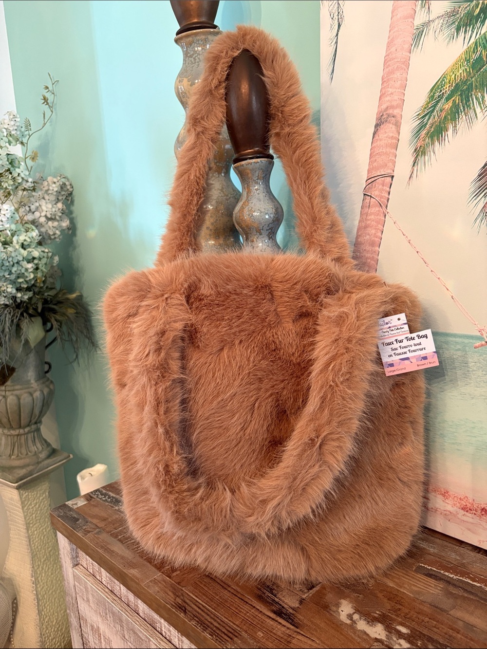 NWT TailorFaux Fur Tote Bag in Camel Brown – Cozy Everyday Handbag
